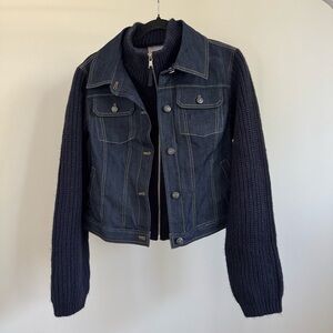 Cinq à Sept Dark Blue Denim Jacket with Knit Sleeves